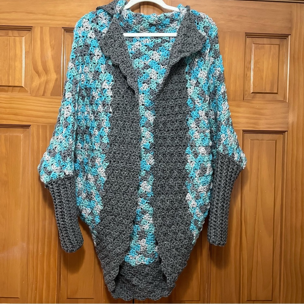 Aqua and Gray Handmade Crocheted Hooded Cardigan Cocoon Sweater